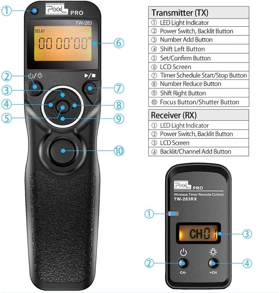 Pixel TW-283 Wireless Timer Shutter Release Remote Control E/N3 DC0 DC2 S1 S2 L1 - Image 2 of 4