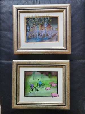 2 × Jean-Pierre Weill Vitreography 10''x9'' 3D Art  (Balloon Over Patis, Pigs On B