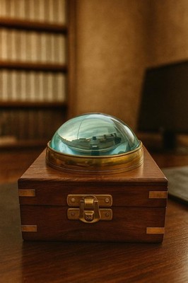 Handmade Brass Dome Magnifying Glass Wooden Box Vintage Office Decor Stylish Art