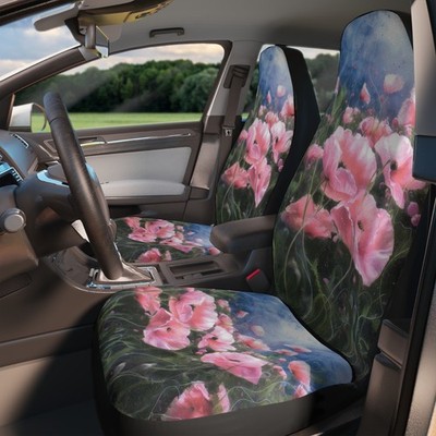 2pc Watercolor Floral Poppies Monet Style Universal Protective Car Seat Covers