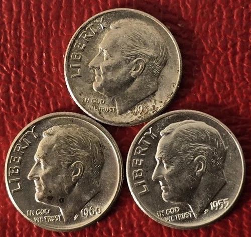 Three Brilliant Uncirculated Silver Roosevelt Dimes: 1954, 1955, 1960-D