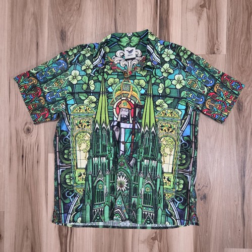 Yiume Button Down Hawaiian Shirt Mens L Stained Glass Vatican Catholic