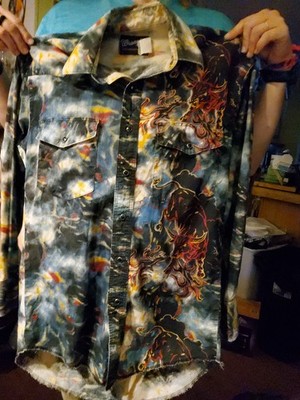 Vntg Wrangler Shirt Mens M/L Black Pearl Snap Bull Flame Rodeo USA Made Distress
