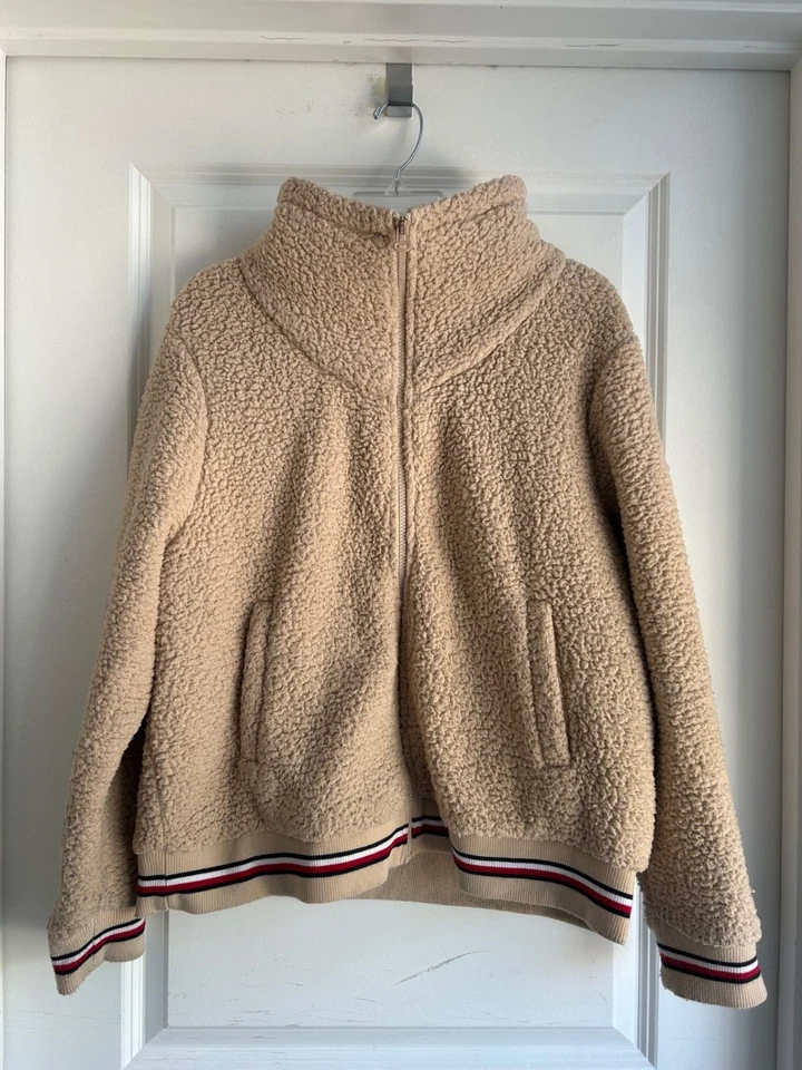 Tommy Hilfiger Chaqueta de Bombardero Sherpa Tostada Grande Raro Abrigo de Vellón a Rayas Universitarias Foto 4 de 4