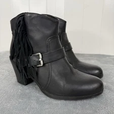SAM EDELMAN Circus Leah Black Leather & Faux, Fringe Zip Ankle Booties 6.5 M