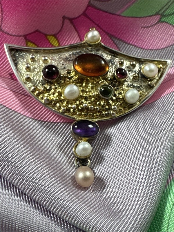 Artisan Vintage Pendant Brooch Sterling Silver Gold Gemstones Dangle Pearl