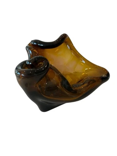 Vintage Murano Style Art Glass Brown Amber Pinched Ashtray Trinket Dish