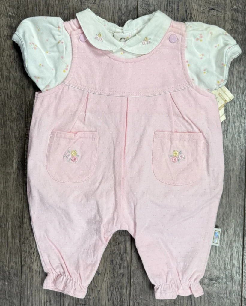 Baby Girl Clothes New Vintage McBaby 0-3 Month 2pc 15" Long Pink Overalls Outfit