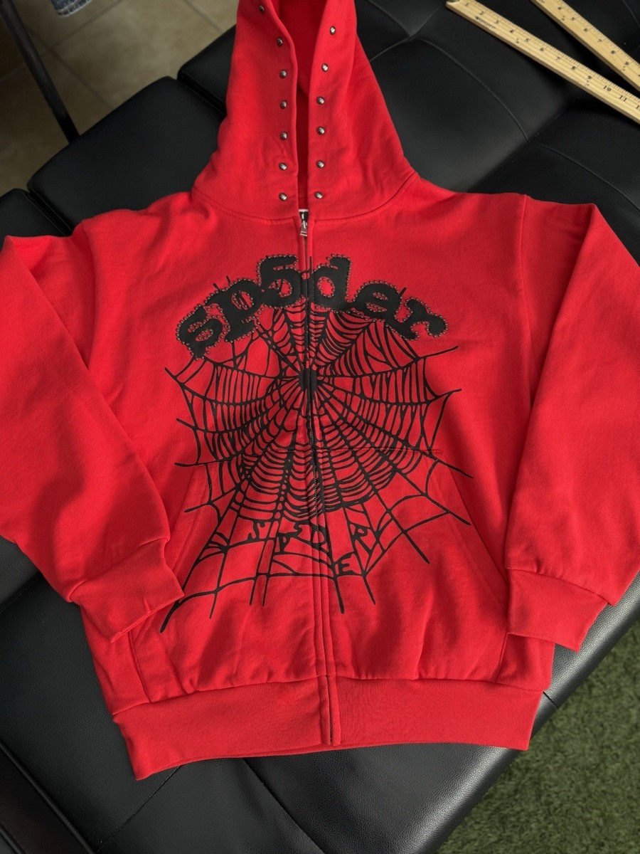 Sp5der Worldwide Red Zip Up Studded Hoodie Size Medium (NEW) 100