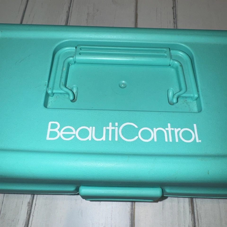 Vintage Beauticontrol Teal Green Makeup Case Tiered With Compartments 13" long - Image 2 of 3