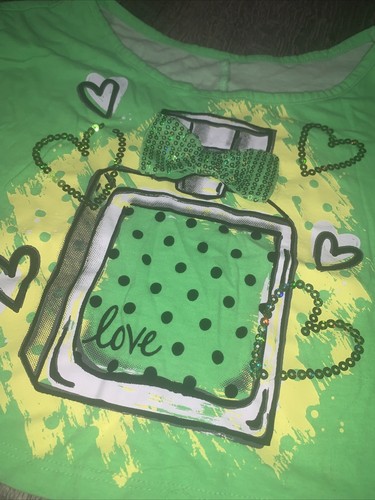 Justice sz 10 green perfume bottle crop top w sequin bow guc 80’s costume  - Picture 2 of 4