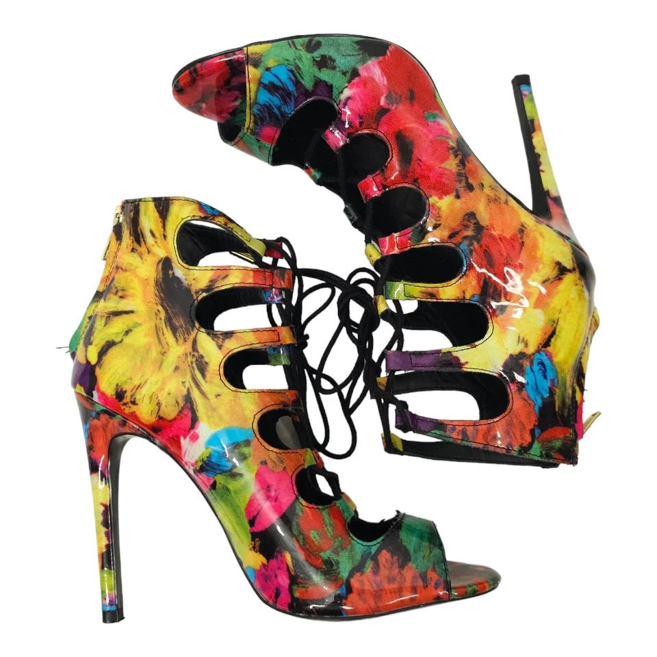 Salto agulha Steve Madden Cythiaa multi floral com cadarço feminino tamanho 8 peep toe - Imagem 2 de 4