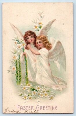 Easter Greetings Holy Angels Lilies Flowers Embossed Abilene Kansas KS Postcard