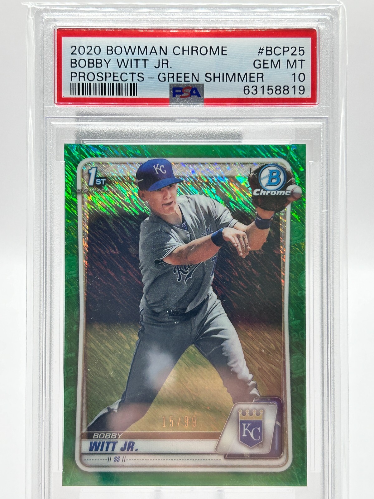 BOBBY WITT JR 2020 BOWMAN CHROME 1ST GREEN SHIMMER 15/99 #BCP-25 PSA 10 JC
