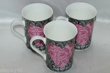 New! Ideel Home Range Bone China Pink Black Heart Coffee Mugs Set of 3 Germany