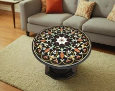 Round Black Marble Center Table with Semi-Precious Stone Inlay - Luxury Gemstone