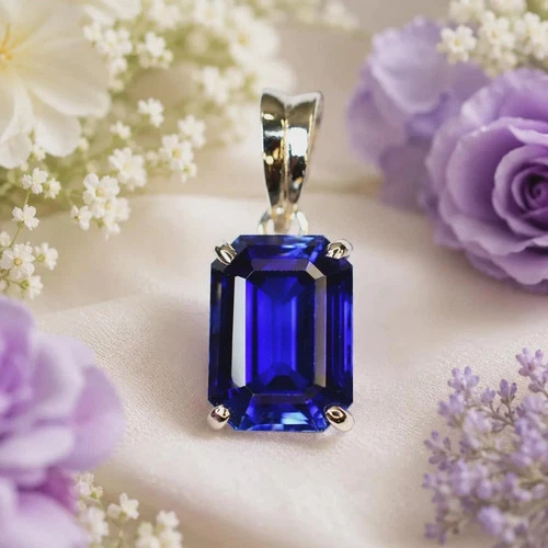 Lab Created Picturesque Blue Sapphire 925 Solid Silver Emerald Cut 3+ Ct Pendant - product listing photo