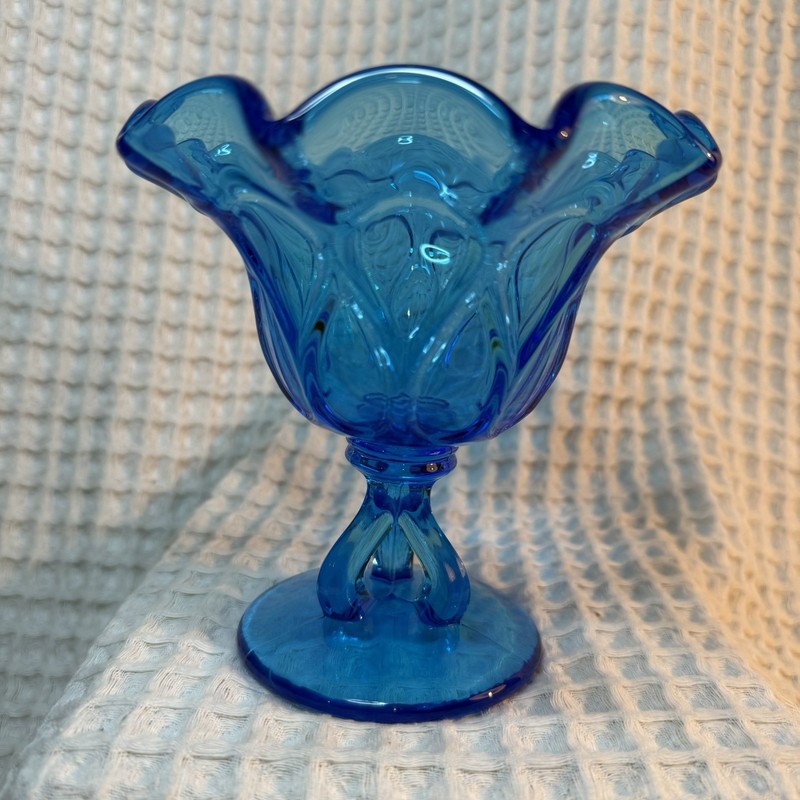 Vintage Westmoreland  Glass Cobalt Blue 3 Legged Pedestal Dish Ruffled Edge 5"