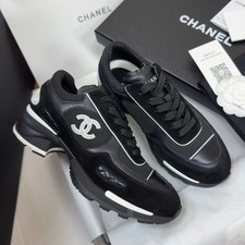 Chanel CC Logo Black Leather Sneakers Heel Shoe Size EU 35