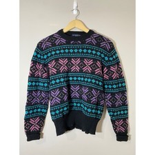 Vintage Woolrich Woman 100 Wool Fair Isle Sweater Black Pink Purple SMALL Retro