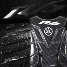 Real Carbon Fiber Custom Tank Pad+6" 3D Logo+for YZF-R6/R6S Emblem Sticker Black