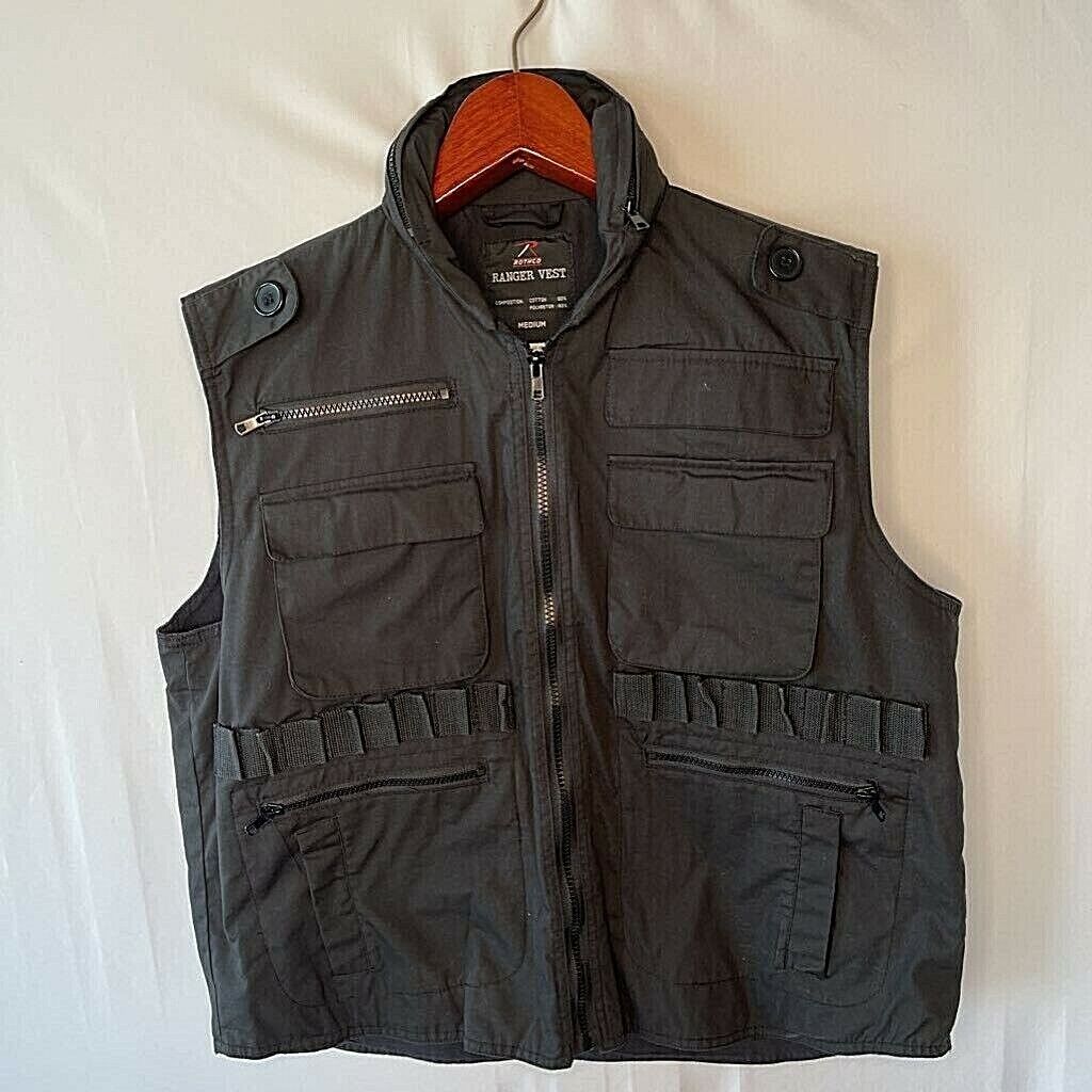 Rothco Mens M Ranger Hunting Shooting Vest Black Pockets Full Zipper Collar Hood