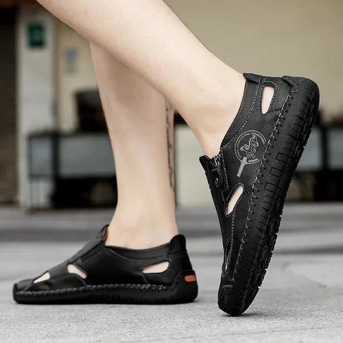 Sandálias masculinas confortáveis respiráveis chinelos de praia planos tênis clássicos feitos à mão - Foto 18 de 26