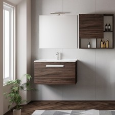 Mobile bagno sospeso 80 cm rovere scuro con cassetto specchio e lampada | aura