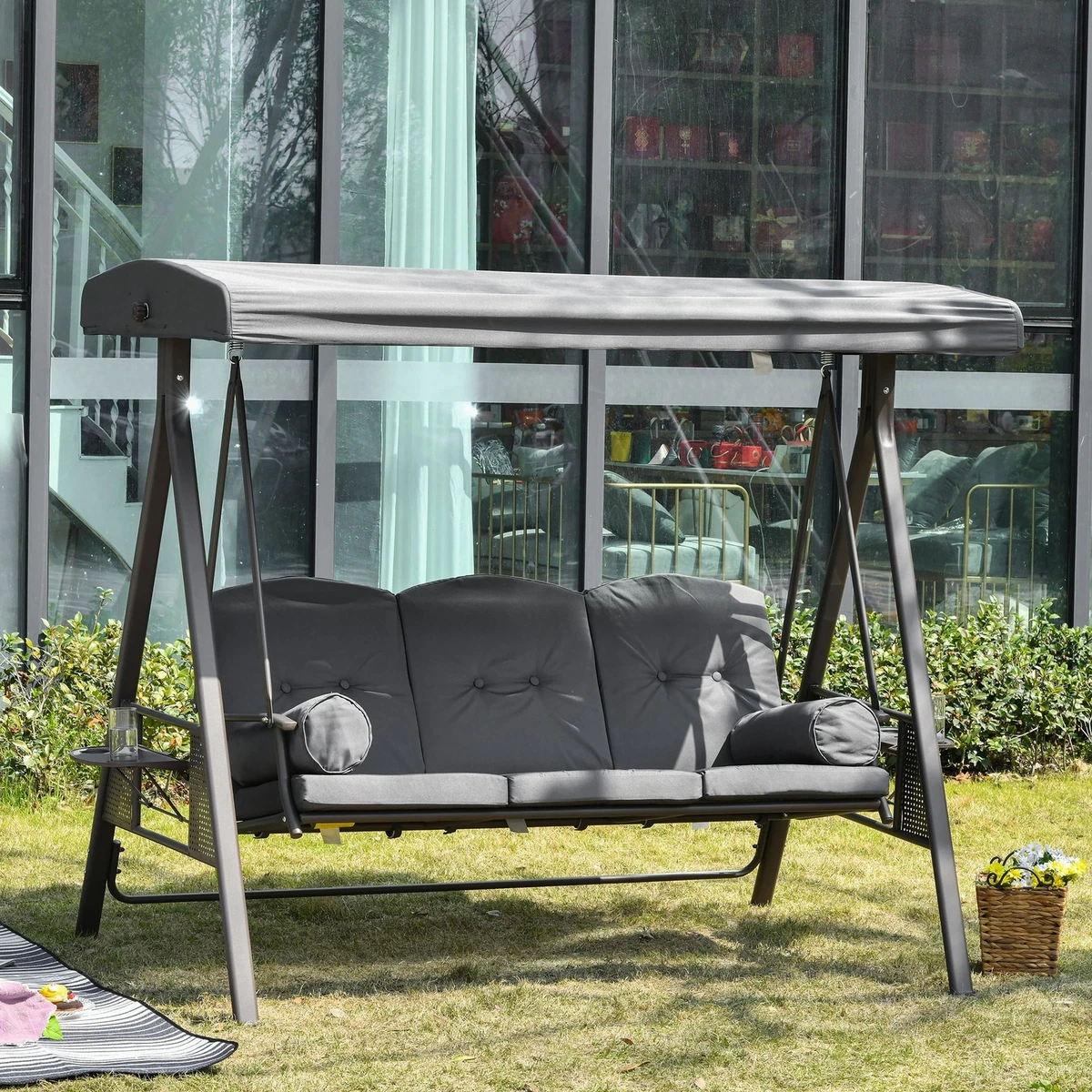 Steel Swing Chair Hammock Garden 3 Seater Canopy w Cushions