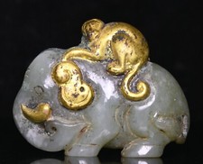 Old Han Dynasty Hetian Jade Gilt Carved Dragon Pixiu Brave Troops Beast Statue