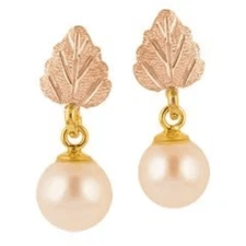 Mt. Rushmore Black Hills Gold Freshwater Pearl Pink Leaf Dangle Earrings 10k
