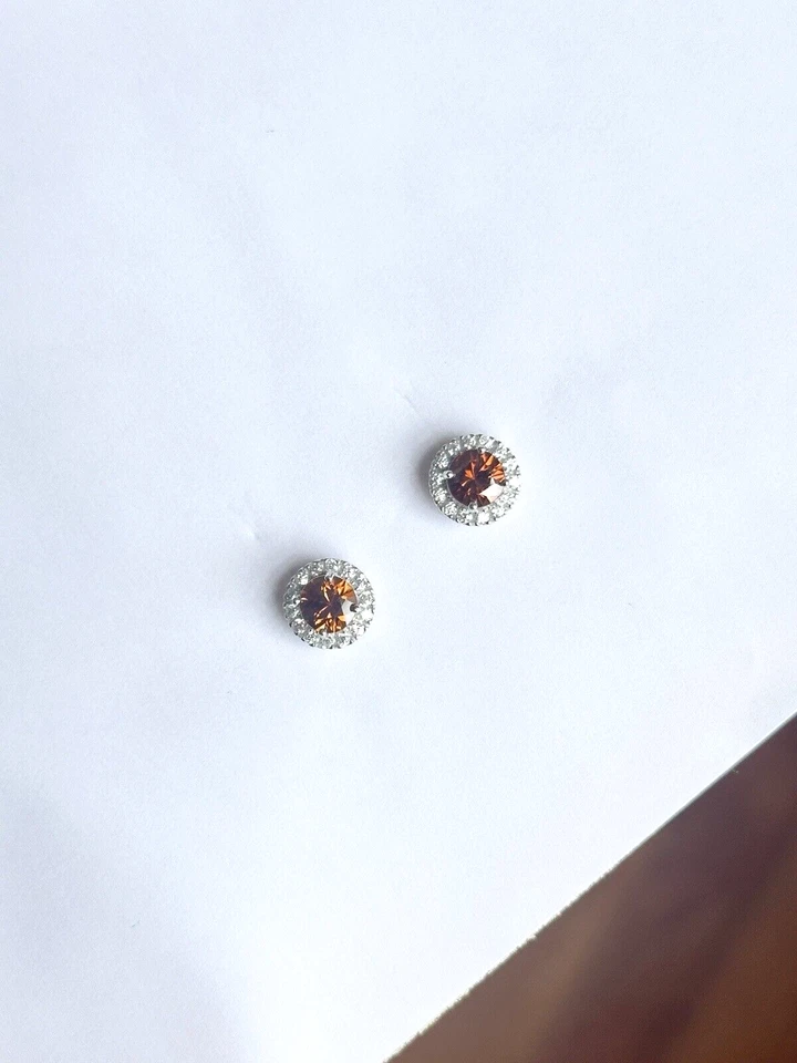Brincos de prata esterlina com halo de pedra preciosa marrom e branco laranja natural - Imagem 3 de 4