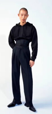 New Mugler H&M Men Black Corset-Waist Hooded Full Zip Jacket