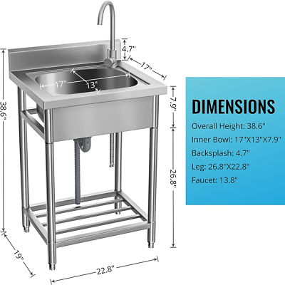 Utility Sink Free Standing Single Bowl Kitchen Sink with Cold and