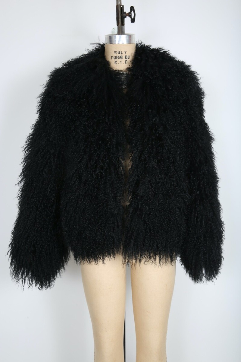 90s Vintage Black Mongolian Fur Coat Shaggy Designer Avant