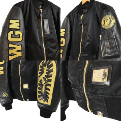 15Aw A Bathing APE Black Leather Ma-1 Gold Xl Bape Military Jacket
