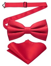 Solid Color Pre-tied Bow Tie and Pocket Square Set for Men Red