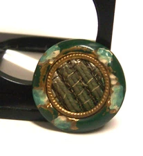 Antique/Victorian PERFUME BUTTON Green, Blue, Cream ENAMEL & VELVET w/Gold Wire