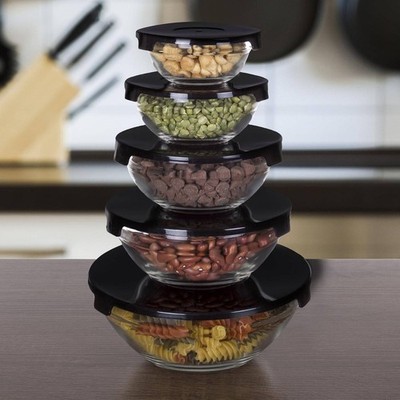 Glass Bowl Set 10 Pieces w/ Black Lids Nesting Prep Bowls Chef Buddy 82-5758-BLK