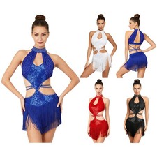 Womens Dress Samba Bodysuit Rumba Leotard Costume Dance Spanish Tassel Ballroom