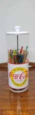 Vintage  Glass Coca-Cola Swizzle Stick Jar With Lid 45 Plastic Swizzle Sticks