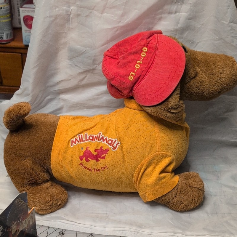 Millanimals Dog Stuffed Toy 01-01-00.  Medium Brown Dachshun Red Hat