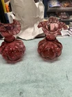Two Vintage Fenton Cranberry beaded Ruffled melon vases