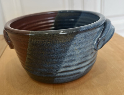 Neal Pottery Handmade Stoneware Bowl w/ Handles Multicolor Drip Glaze Rustic Art