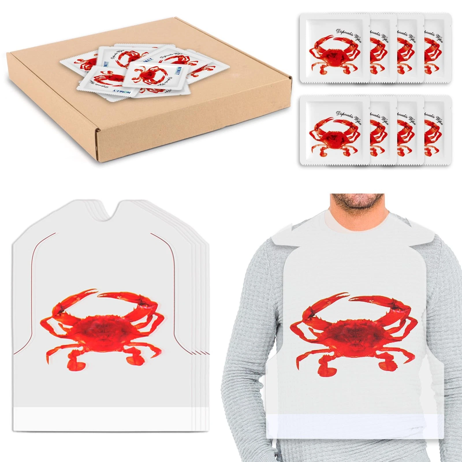 200 Pack Crab Bibs Wet Wipe Set, 100 Pcs Crab Bib + 100 Wet Wipe, Disposable ...