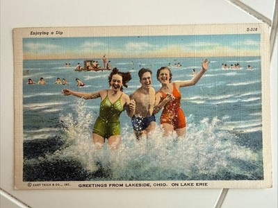 Lakeside Ohio on Lake Erie Enjoying a Dip Vintage Linen Postcard