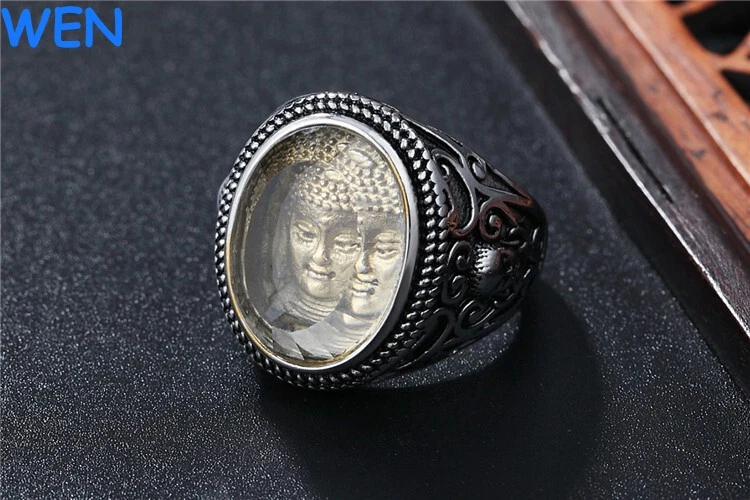 Mens Silver Stainless Steel Buddhist Buddha Amulet Ring Band Punk Size 7-12 - Image 4 of 4