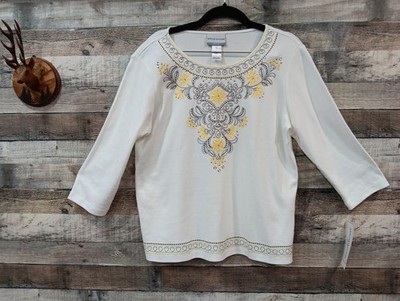 Alfred Dunner Womens 3/4 Sleeve Copenhagen Medallion Embroidery Top Sz M/Pet NWT