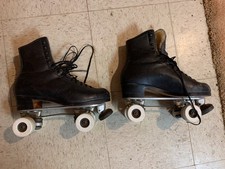 1980s Riedell 297 Black Leather Quad Pro Roller Skates Boots 10 USA Nice Vintage