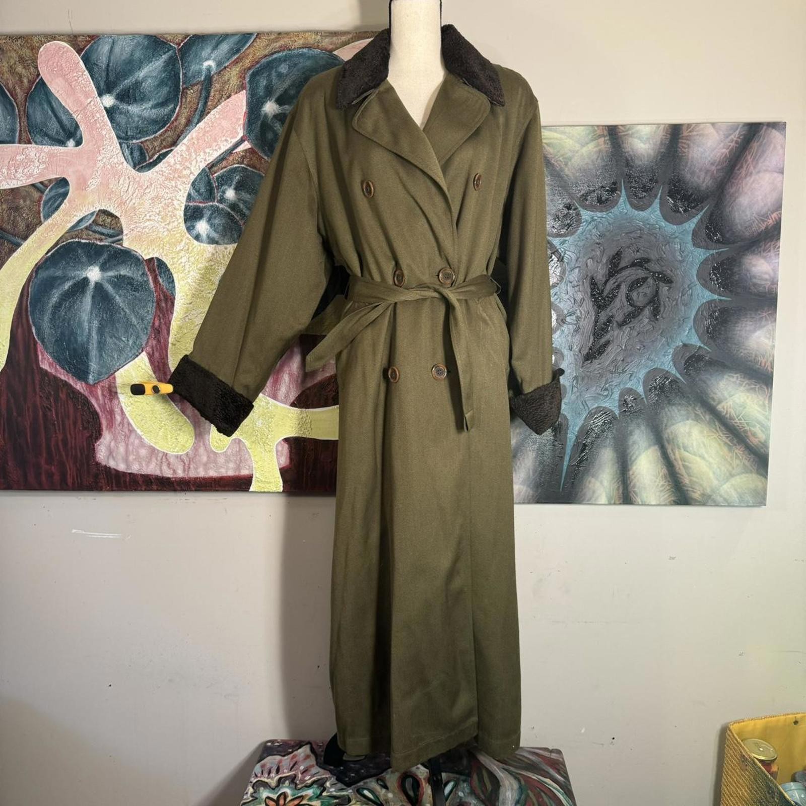 90s military green faux fur double-breasted trench coat